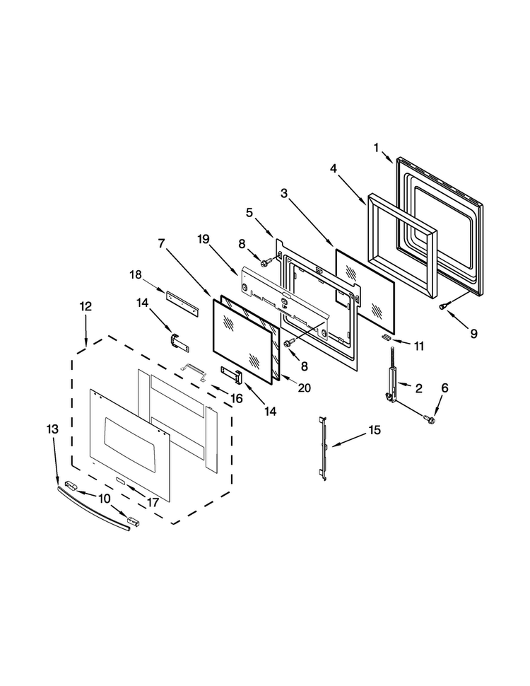 Oven Door Parts Diagram and Parts List for RBS307PVB04  Whirlpool Wall Oven