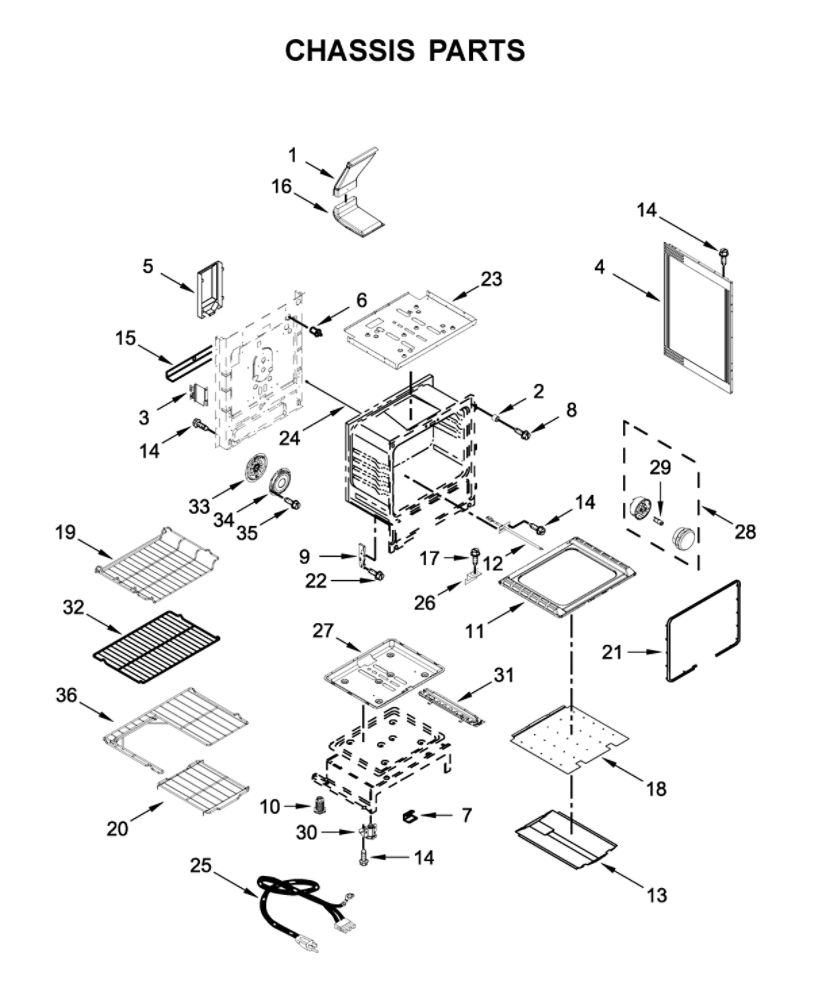 Chassis Parts Diagram and Parts List for WFG770H0FZ1  Whirlpool Range