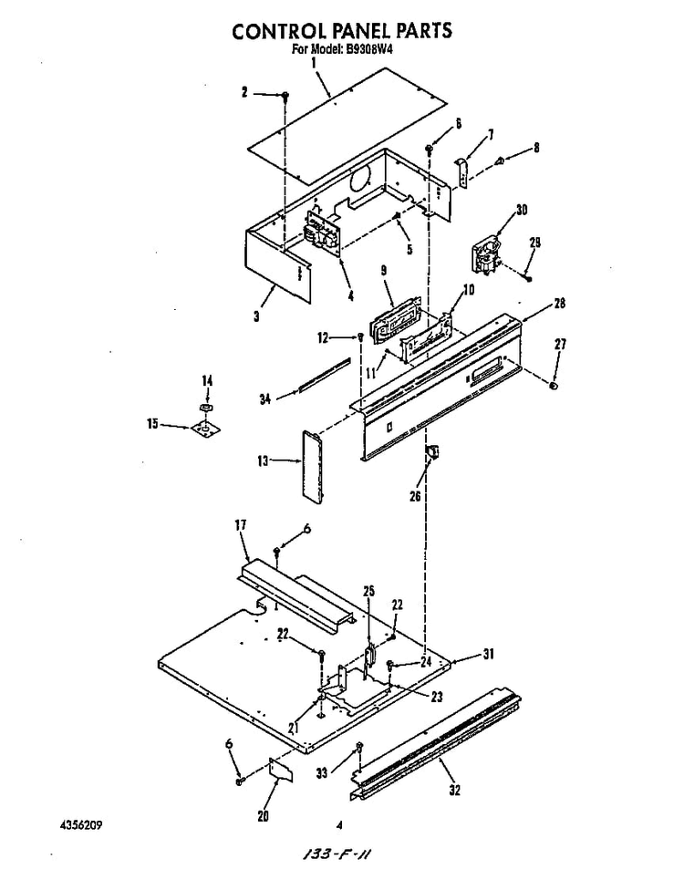 Control Panel Diagram and Parts List for B9308*4  Roper Range