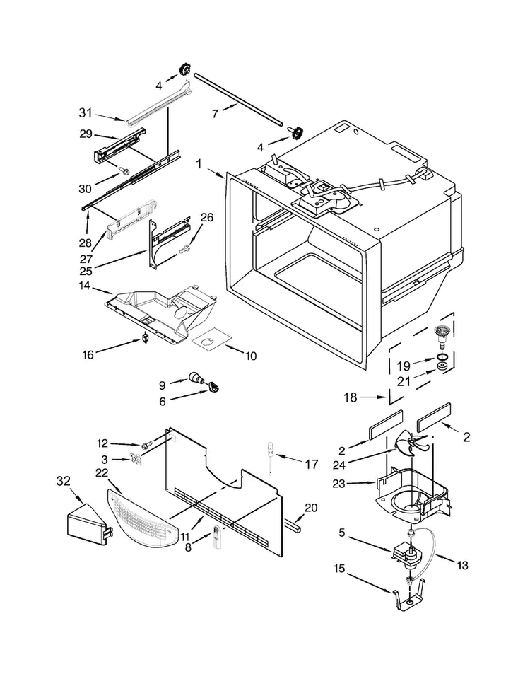 Freezer Liner Parts Diagram and Parts List for WRF532SMBW01  Whirlpool Refrigerator