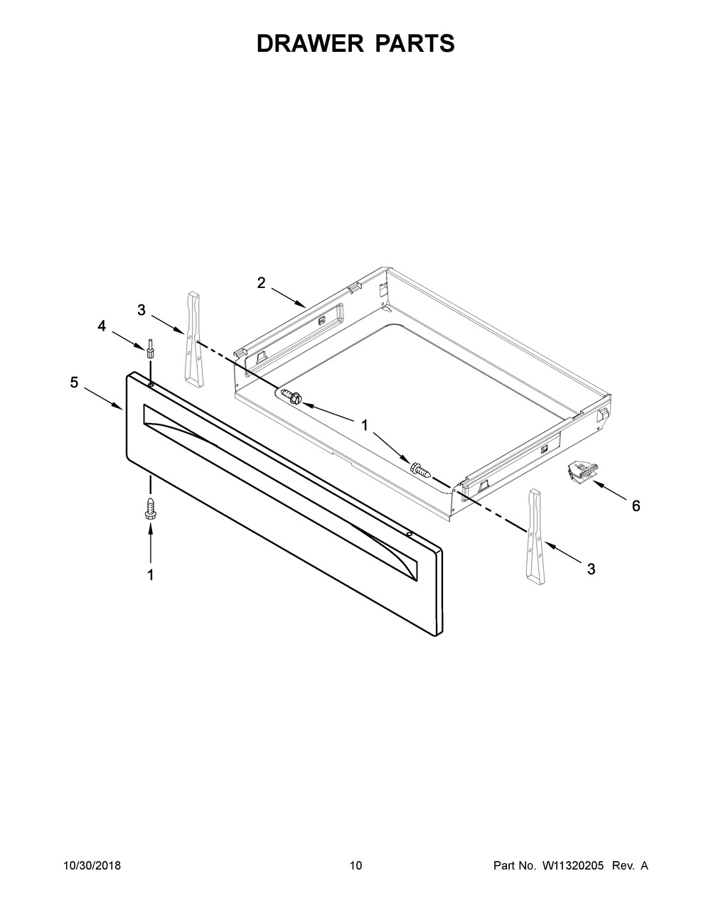 Drawer Parts Diagram and Parts List for WFE550S0HW1  Whirlpool Range
