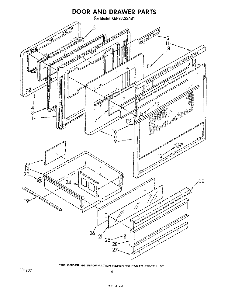 DOOR AND DRAWER Diagram and Parts List for KERS502SWB1  KitchenAid Range