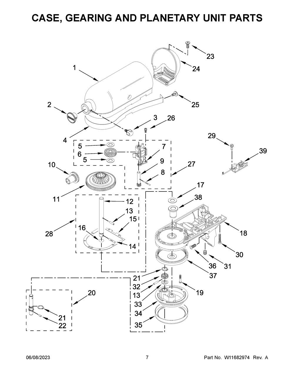 Case, Gearing And Planetary Unit Parts Diagram and Parts List for 5KSM193ADSAG0  KitchenAid Mixer