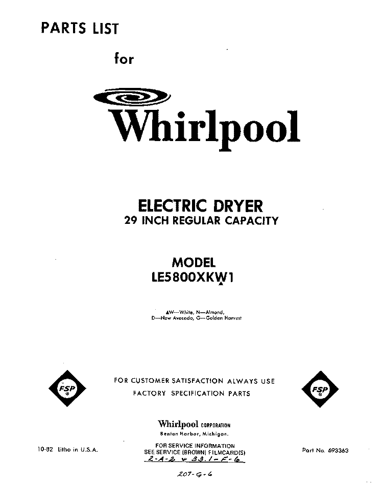 SECTION Diagram and Parts List for LE5800XKW1  Whirlpool Dryer