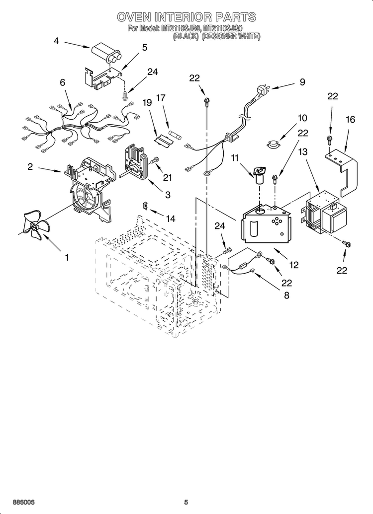 Oven Interior Diagram and Parts List for OEMMT2110SJQ0  Whirlpool Microwave