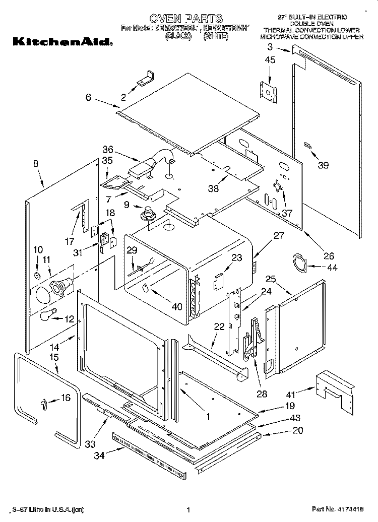 OVEN Diagram and Parts List for KEMS377BWH1  KitchenAid Wall Oven