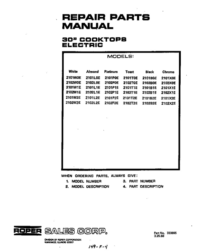 Front Cover Diagram and Parts List for 2102*2E  Roper Range