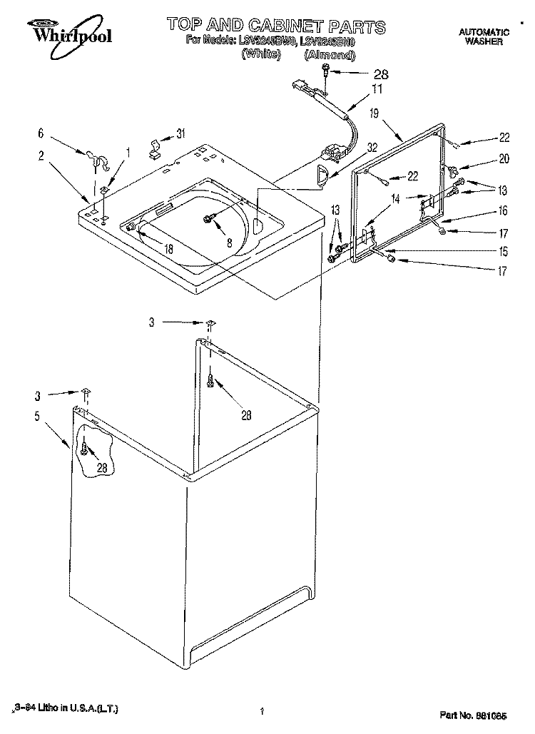TOP AND CABINET, LIT/OPTIONAL Diagram and Parts List for LSV9245BW0  Whirlpool Washer