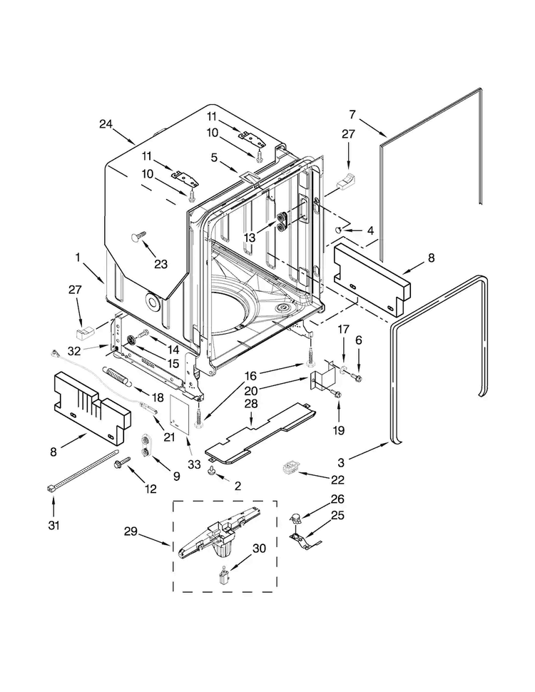 Tub And Frame Parts Diagram and Parts List for KUDS35FXBLA  KitchenAid Dishwasher