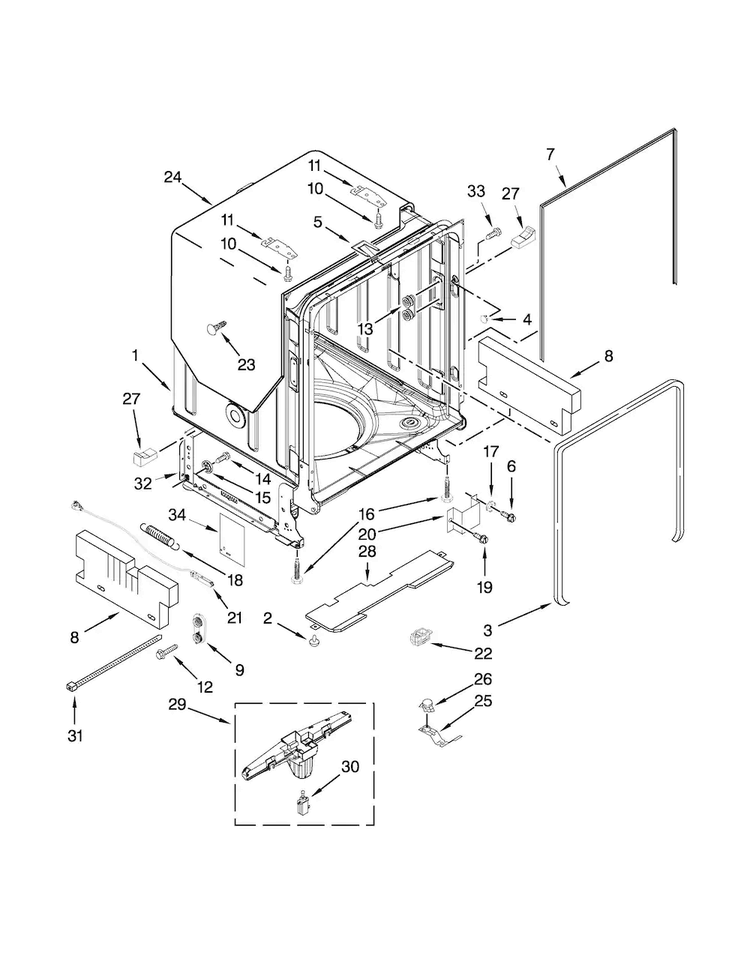 Tub And Frame Parts Diagram and Parts List for KUDS30IXBTA  KitchenAid Dishwasher