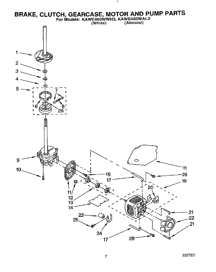 BRAKE, CLUTCH, GEARCASE, MOTOR & PUMP Diagram and Parts List for KAWE460WAL3  KitchenAid Washer