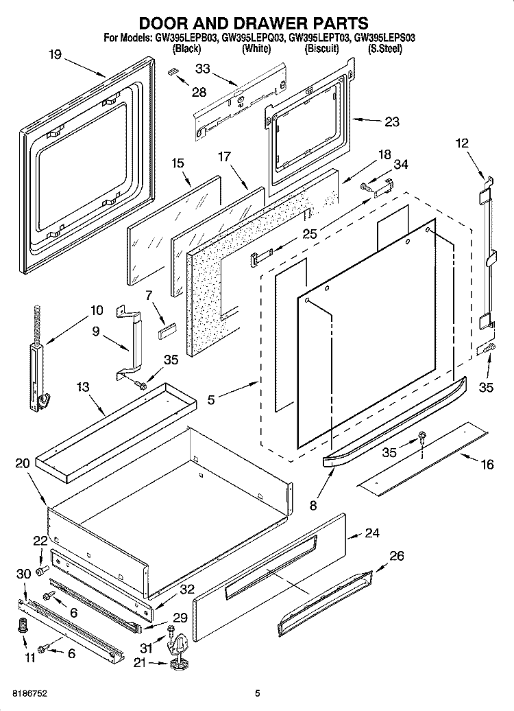 DOOR AND DRAWER PARTS Diagram and Parts List for GW395LEPS03  Whirlpool Range