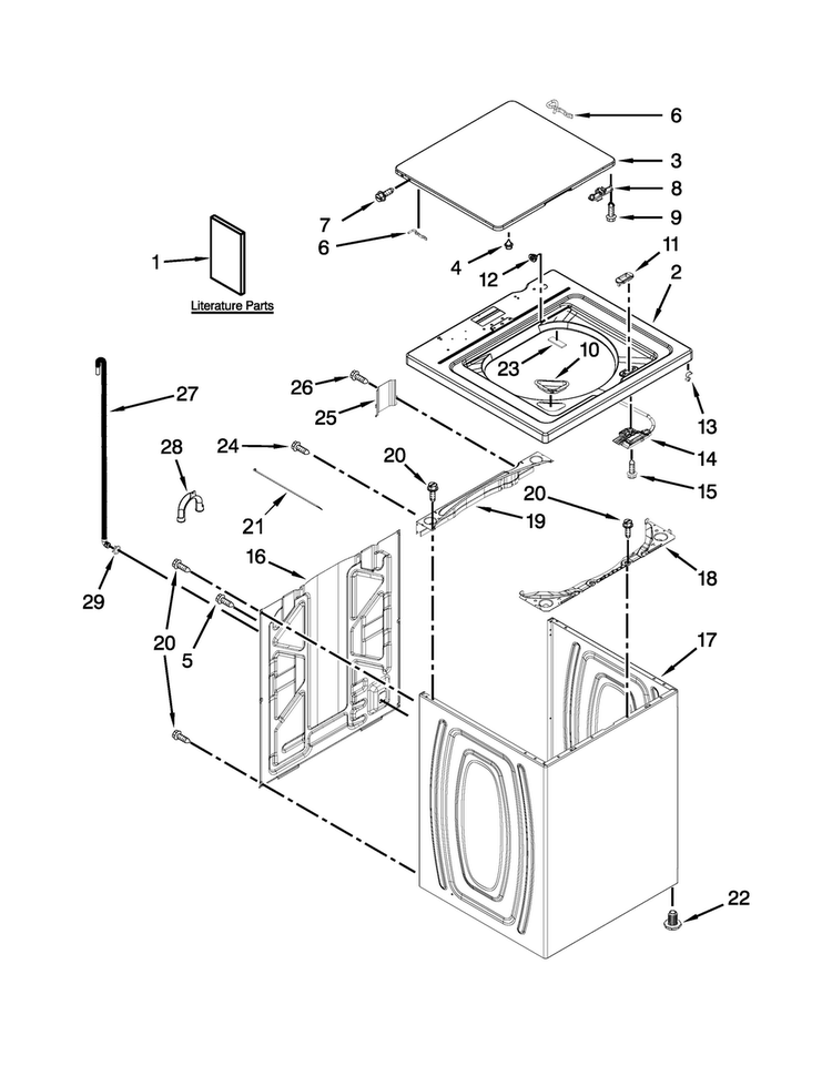 Top And Cabinet Parts Diagram and Parts List for 11020112311  Kenmore Washer