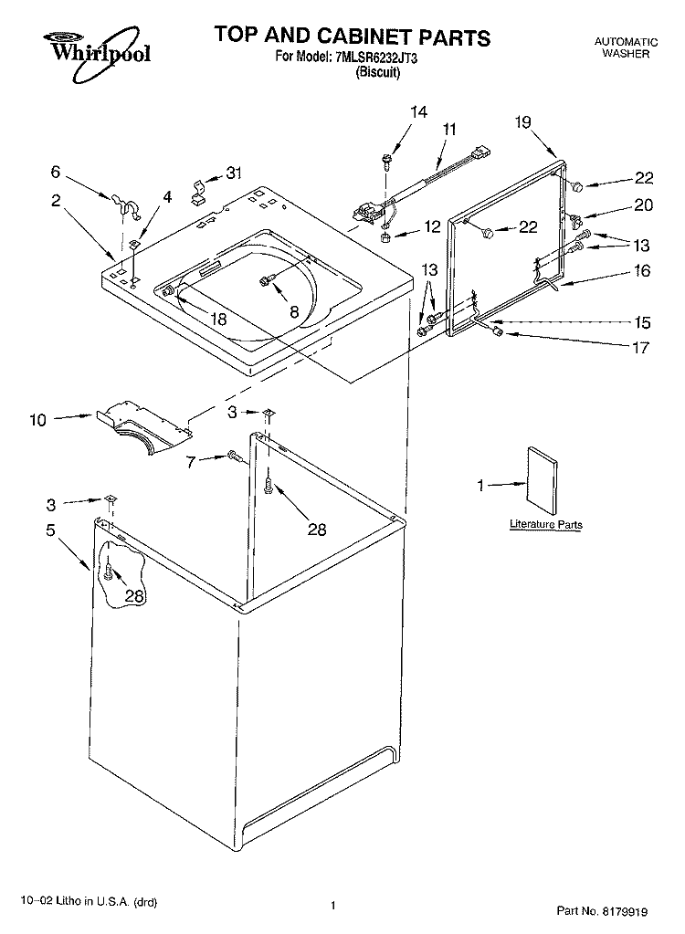 TOP AND CABINET PARTS Diagram and Parts List for 7MLSR6232JT3  Whirlpool Washer