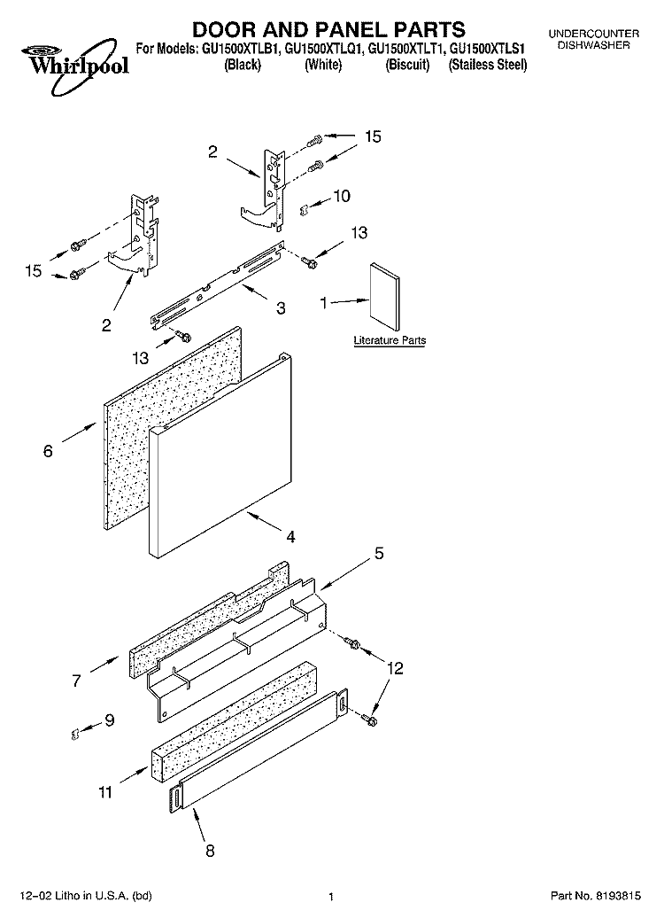 DOOR AND PANEL PARTS Diagram and Parts List for GU1500XTLT1  Whirlpool Dishwasher