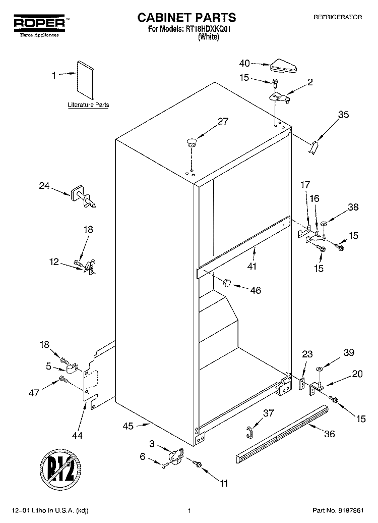 CABINET, LITERATURE Diagram and Parts List for RT18HDXKQ01  Roper Refrigerator