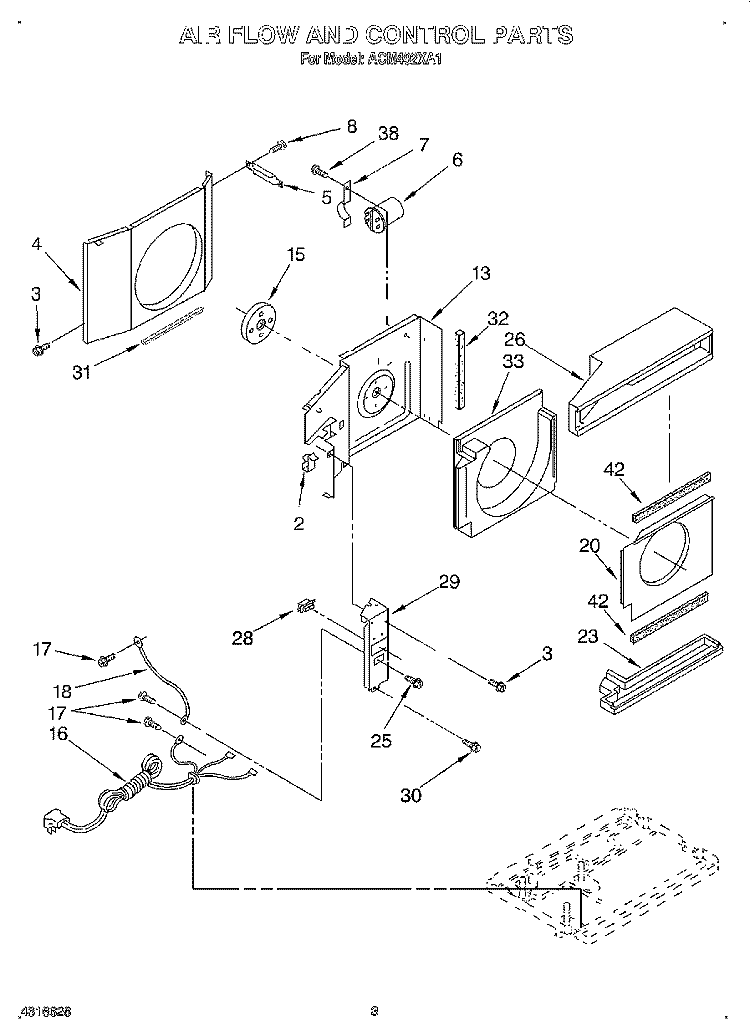 AIR FLOW AND CONTROL Diagram and Parts List for ACM492XA1  Whirlpool Air Conditioner