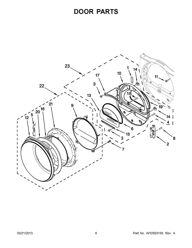 DOOR PARTS Diagram and Parts List for 7MWGD9150XW3  Whirlpool Dryer