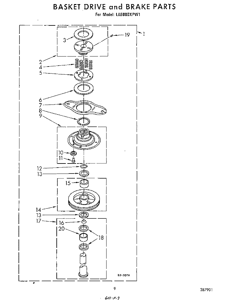 BASKET DRIVE AND BRAKE Diagram and Parts List for LA6800XPW1  Whirlpool Washer