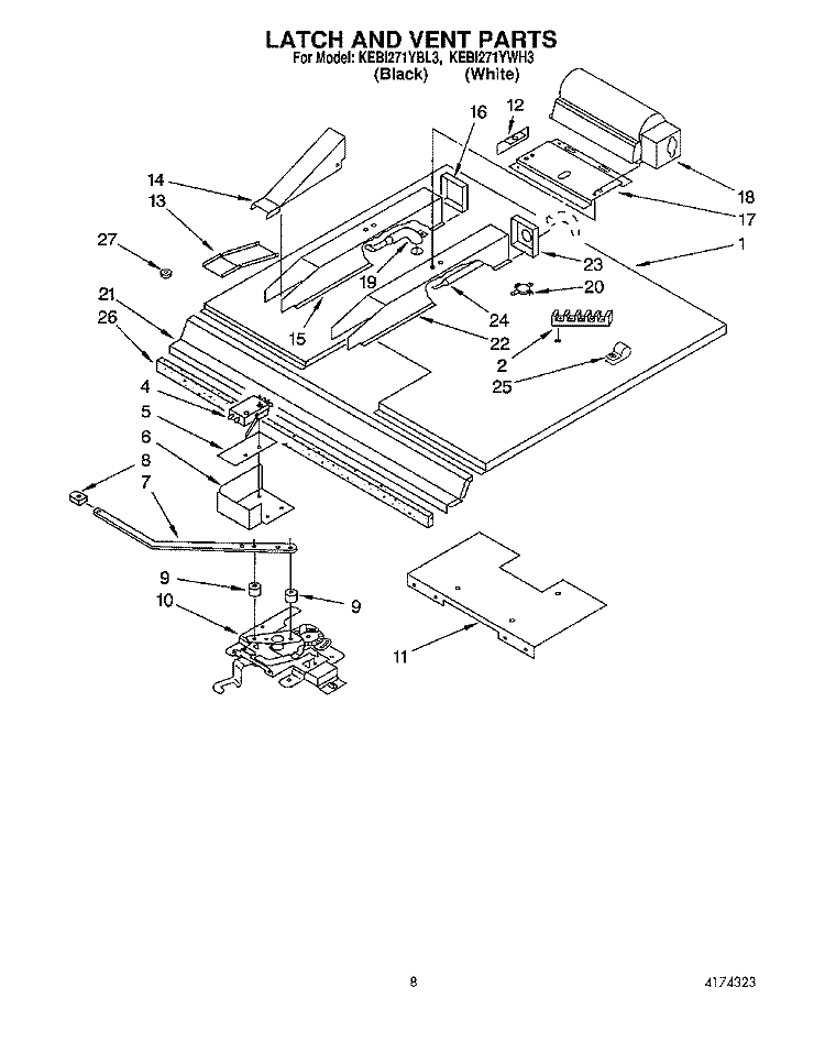 LATCH AND VENT Diagram and Parts List for KEBI271YBL3  KitchenAid Wall Oven
