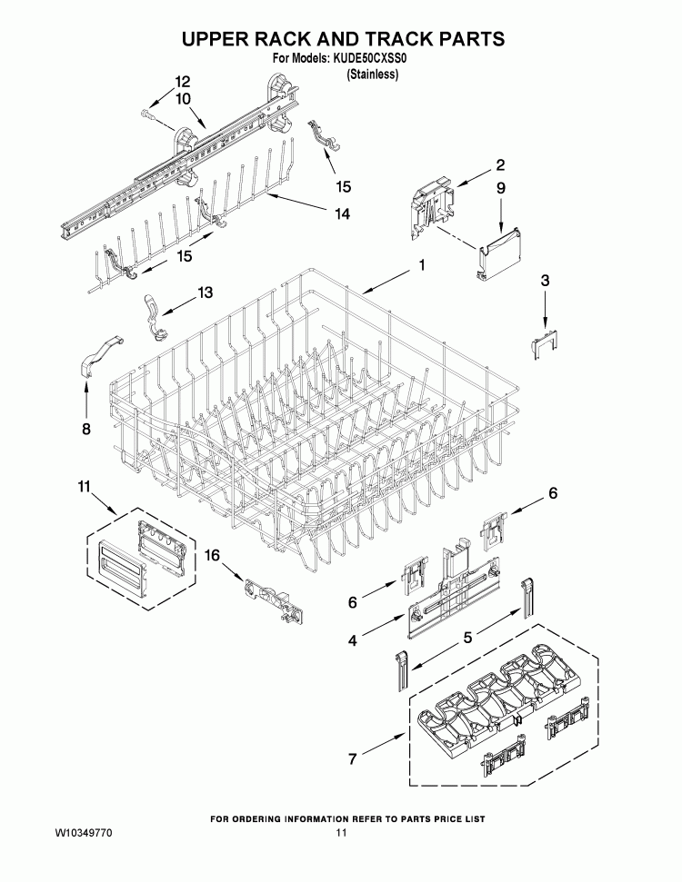 UPPER RACK AND TRACK PARTS Diagram and Parts List for KUDE50CXSS0  KitchenAid Dishwasher