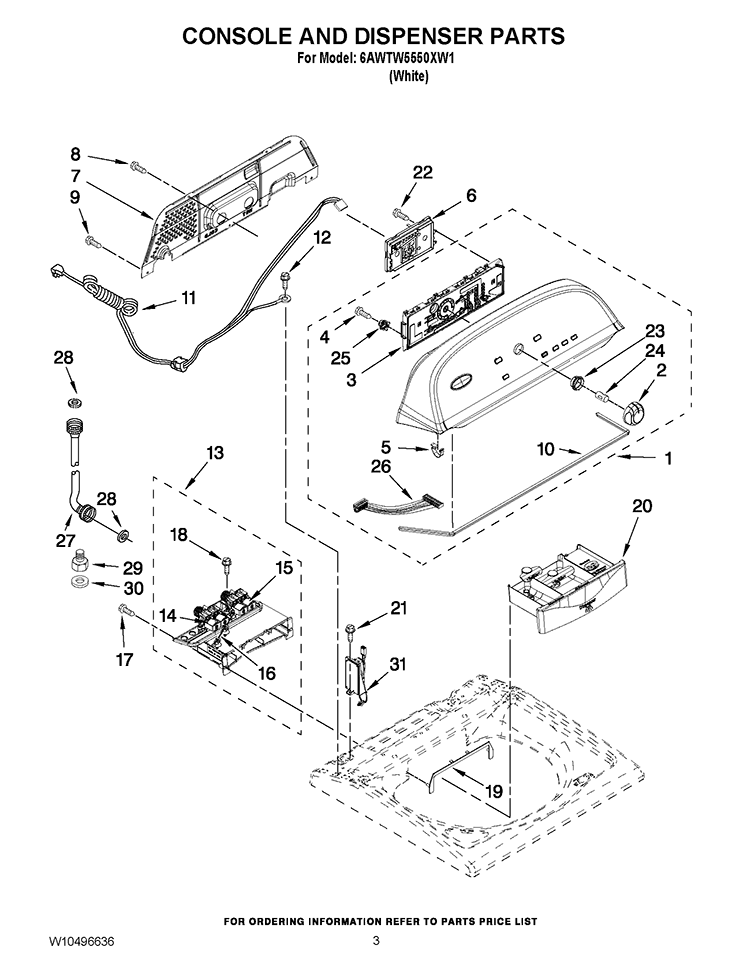CONSOLE AND DISPENSER PARTS Diagram and Parts List for 6AWTW5550XW1  Whirlpool Washer