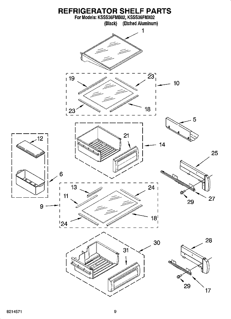 REFRIGERATOR SHELF PARTS Diagram and Parts List for KSSS36FMX02  KitchenAid Refrigerator