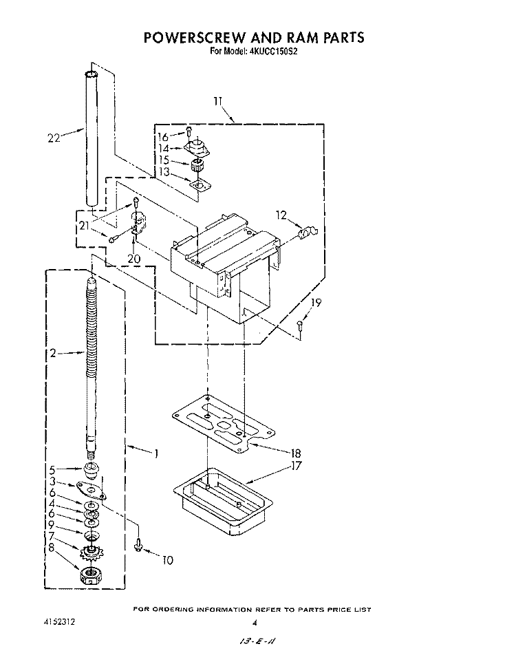 POWERSCREW AND RAM Diagram and Parts List for 4KUCC150S2  KitchenAid Trash Compactor