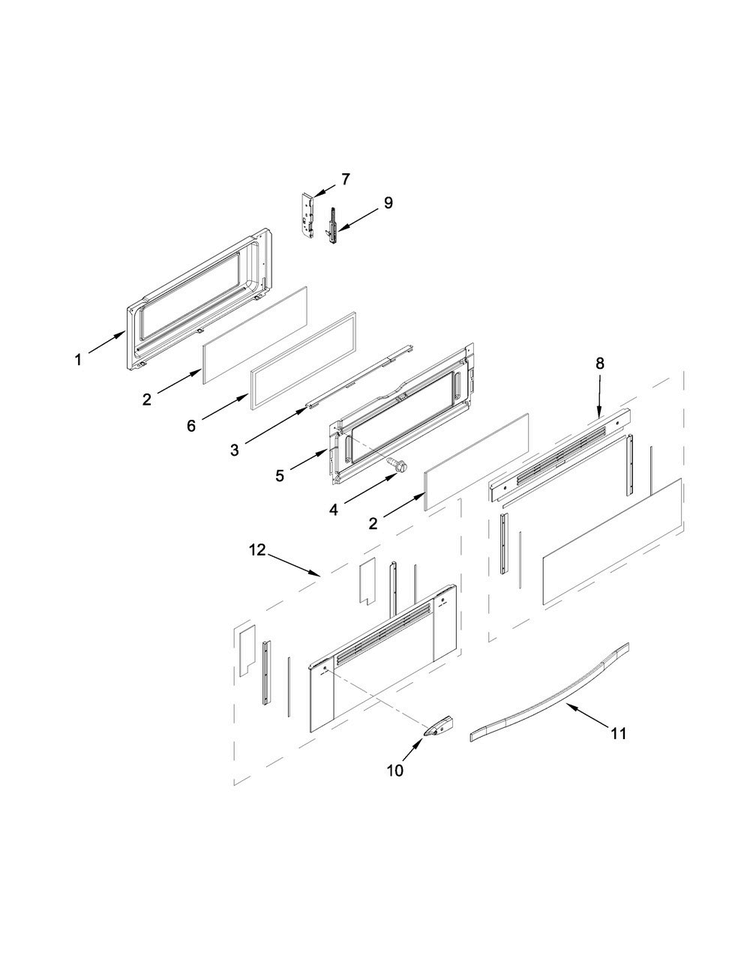 Upper Door Parts Diagram and Parts List for WGG555S0BW07  Whirlpool Range