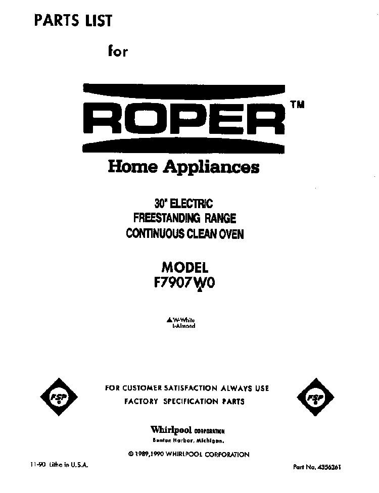 Front Cover Diagram and Parts List for F7907W0  Roper Range