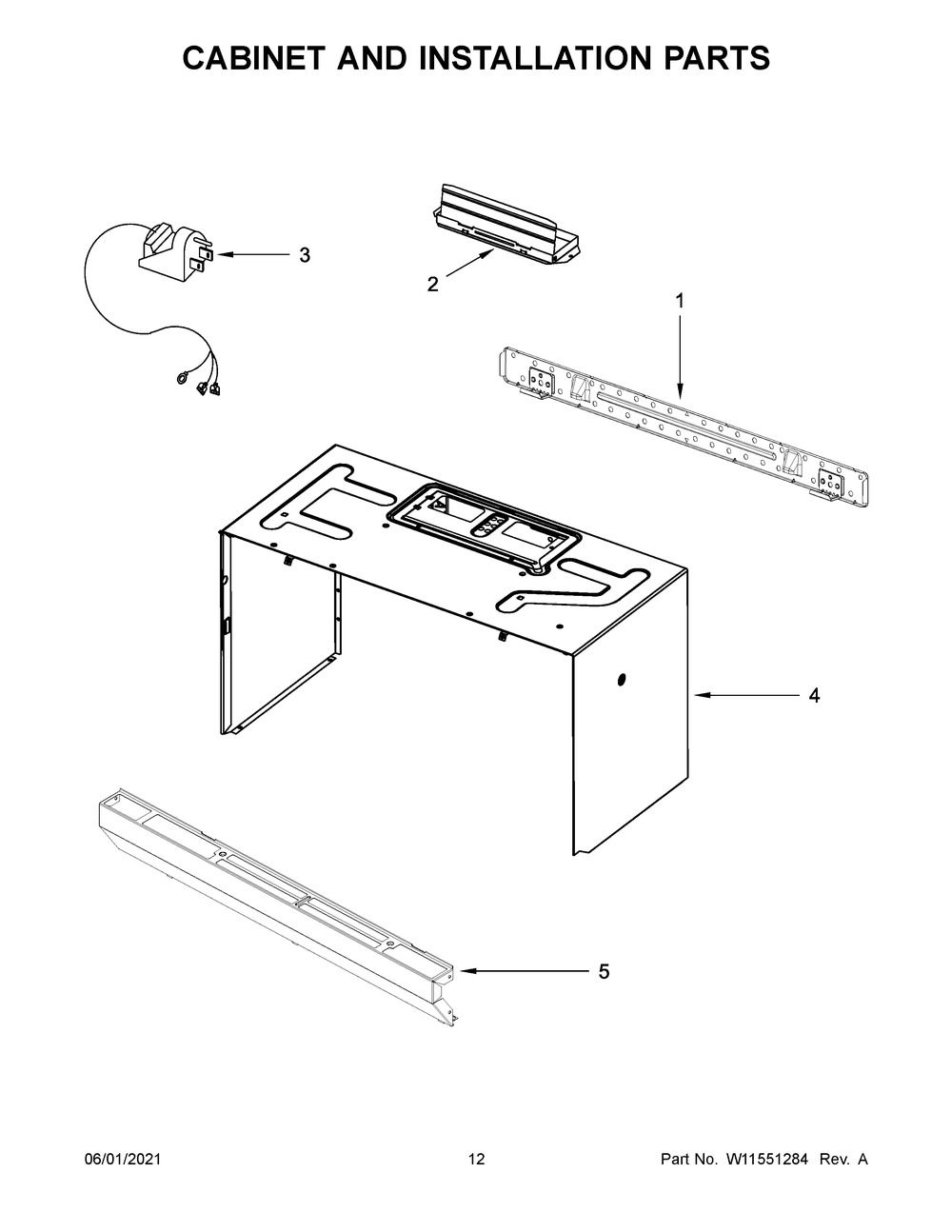 Cabinet And Installation Parts Diagram and Parts List for AMV2307PFB5  Whirlpool Microwave Oven Combo
