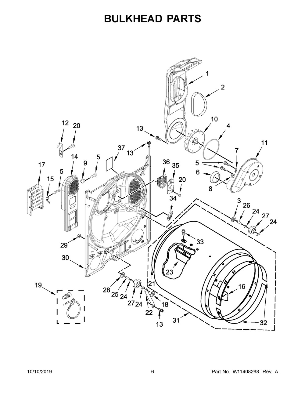 Bulkhead Parts Diagram and Parts List for 4KWED5700JW0  Whirlpool Dryer