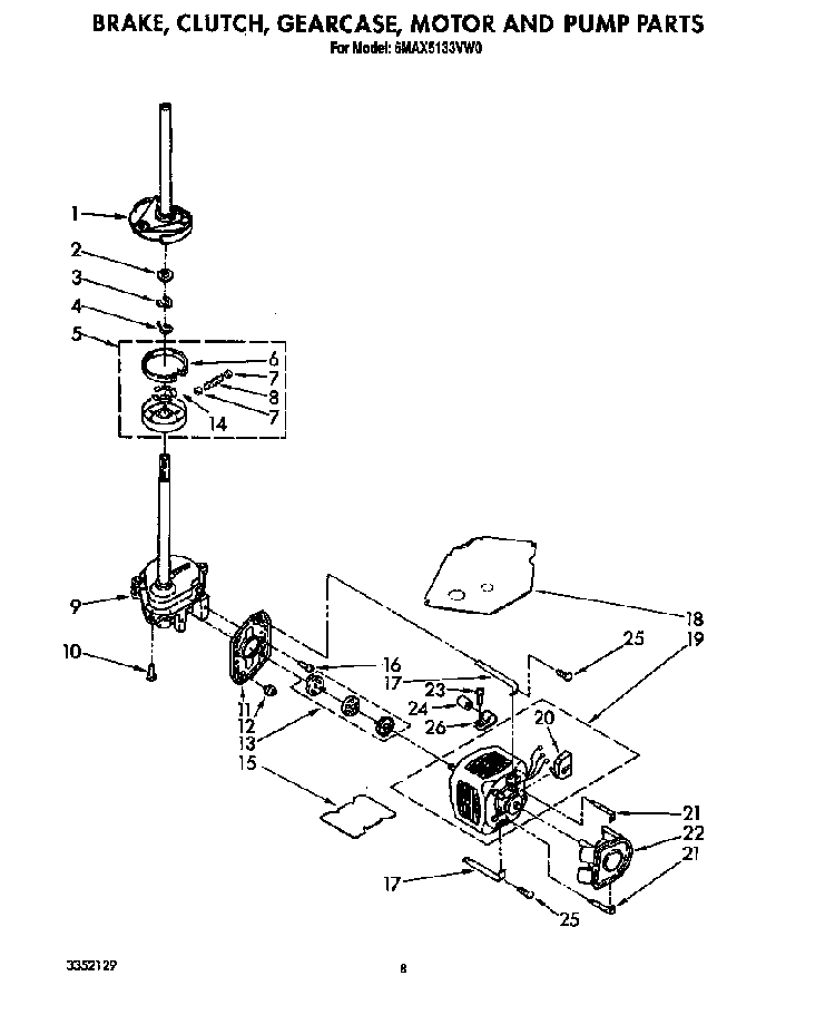 Brake, Clutch, Gearcase, Motor And Pump Diagram and Parts List for 6MAX5133VW0  Whirlpool Washer