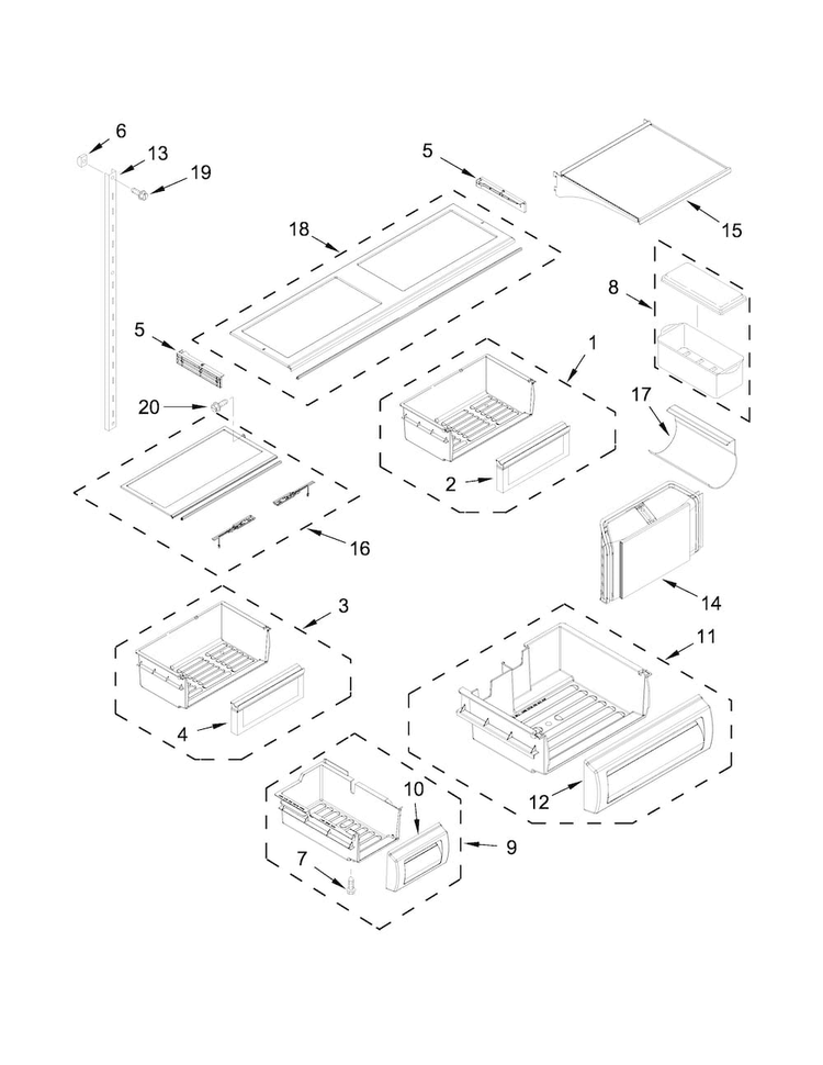 Shelf Parts Diagram and Parts List for KBFN406EPA00  KitchenAid Refrigerator