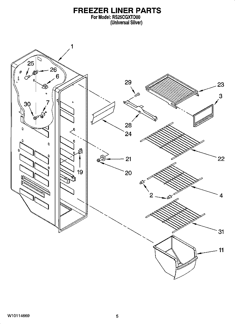 FREEZER LINER PARTS Diagram and Parts List for RS25CGXTD00  Roper Refrigerator