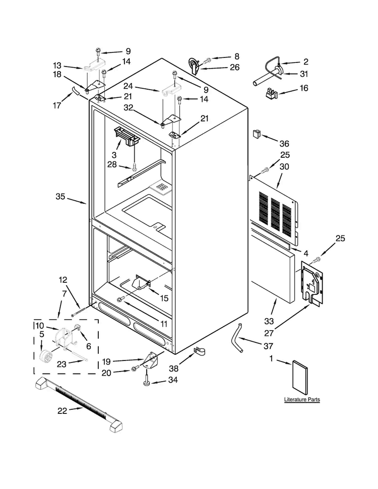 Cabinet Parts Diagram and Parts List for KBFS25EVBL0  KitchenAid Refrigerator