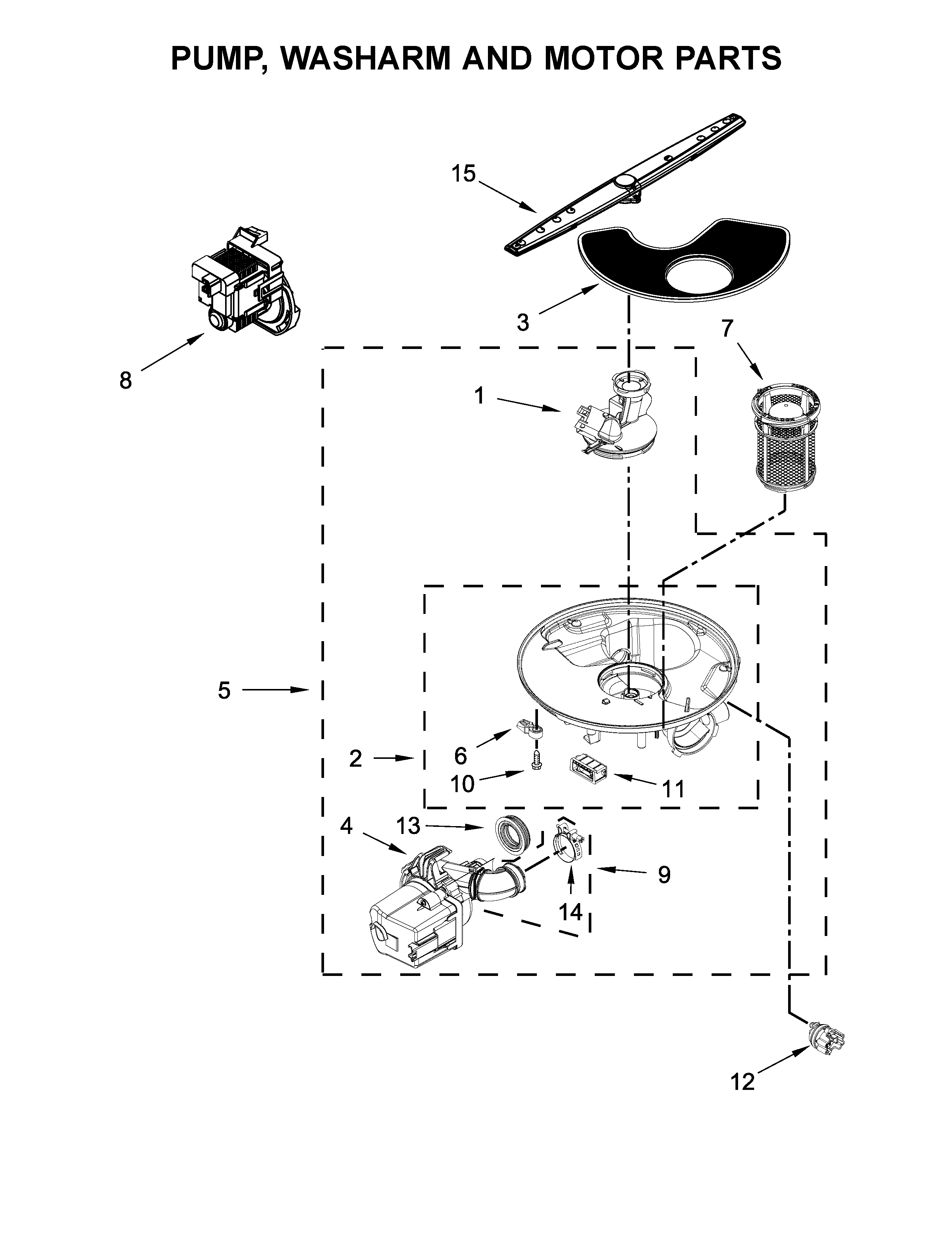Pump, Washarm And Motor Parts Diagram and Parts List for 66517489N710  Kenmore Dishwasher