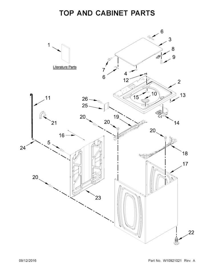 Top And Cabinet Parts Diagram and Parts List for 11022442512  Kenmore Washer