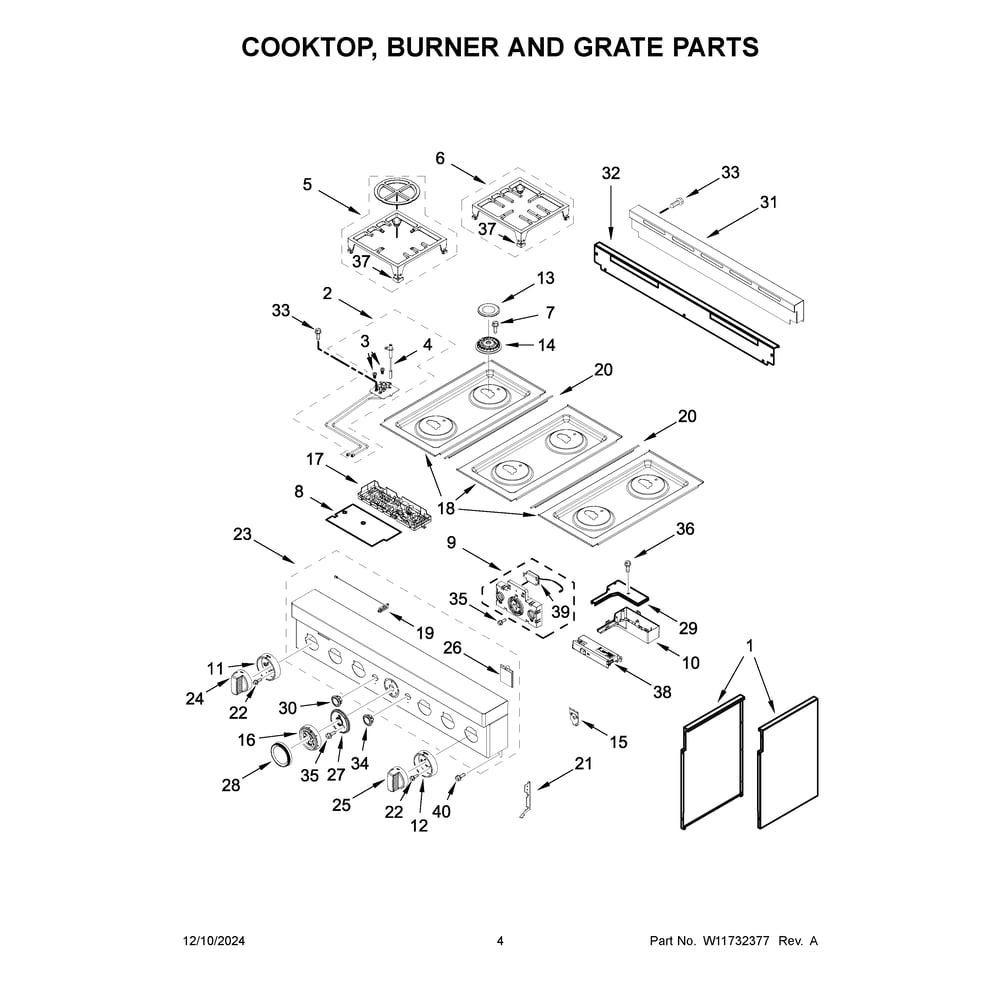 Cooktop, Burner And Grate Parts Diagram and Parts List for KFGC506JMB07  KitchenAid Range