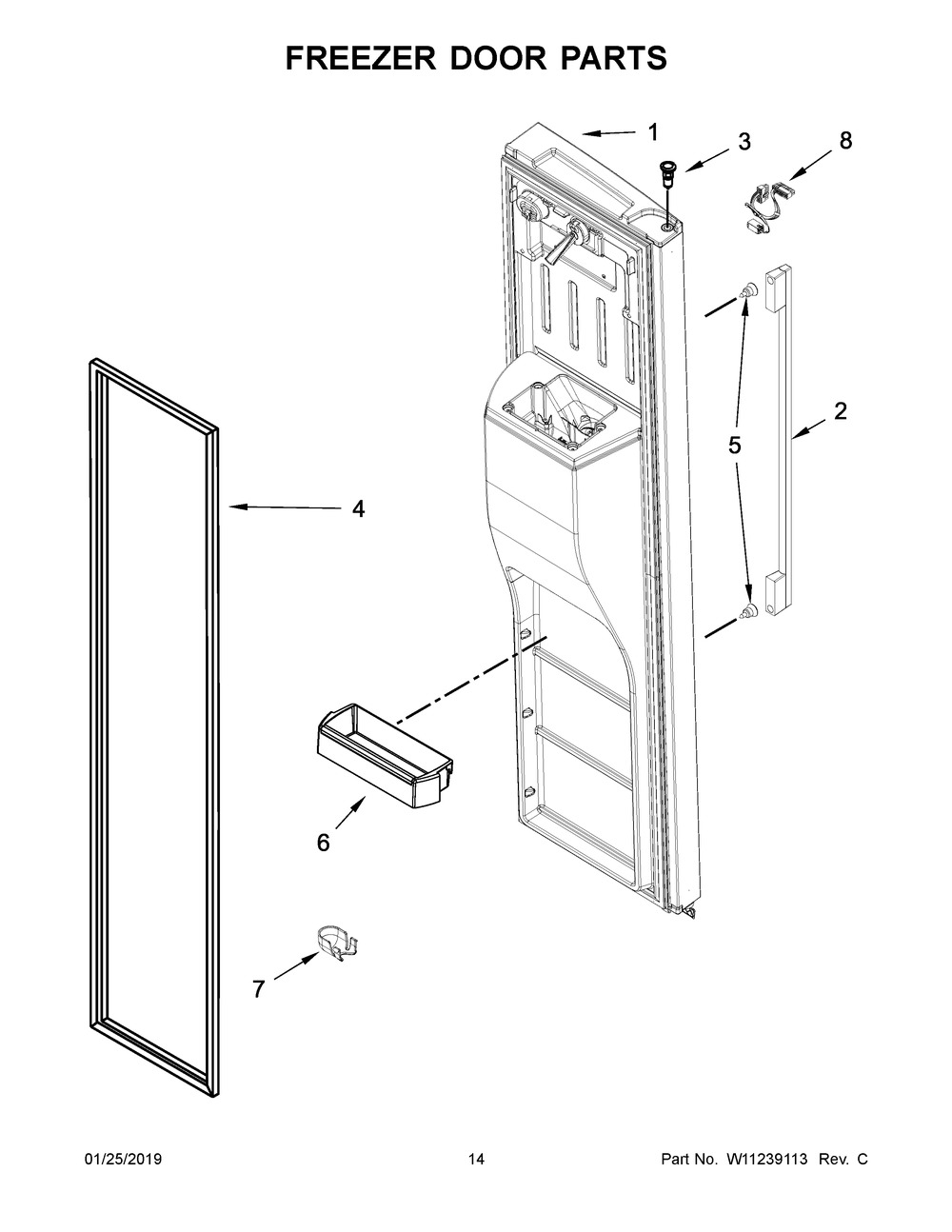 Freezer Door Parts Diagram and Parts List for WRSA71CIHN00  Whirlpool Refrigerator