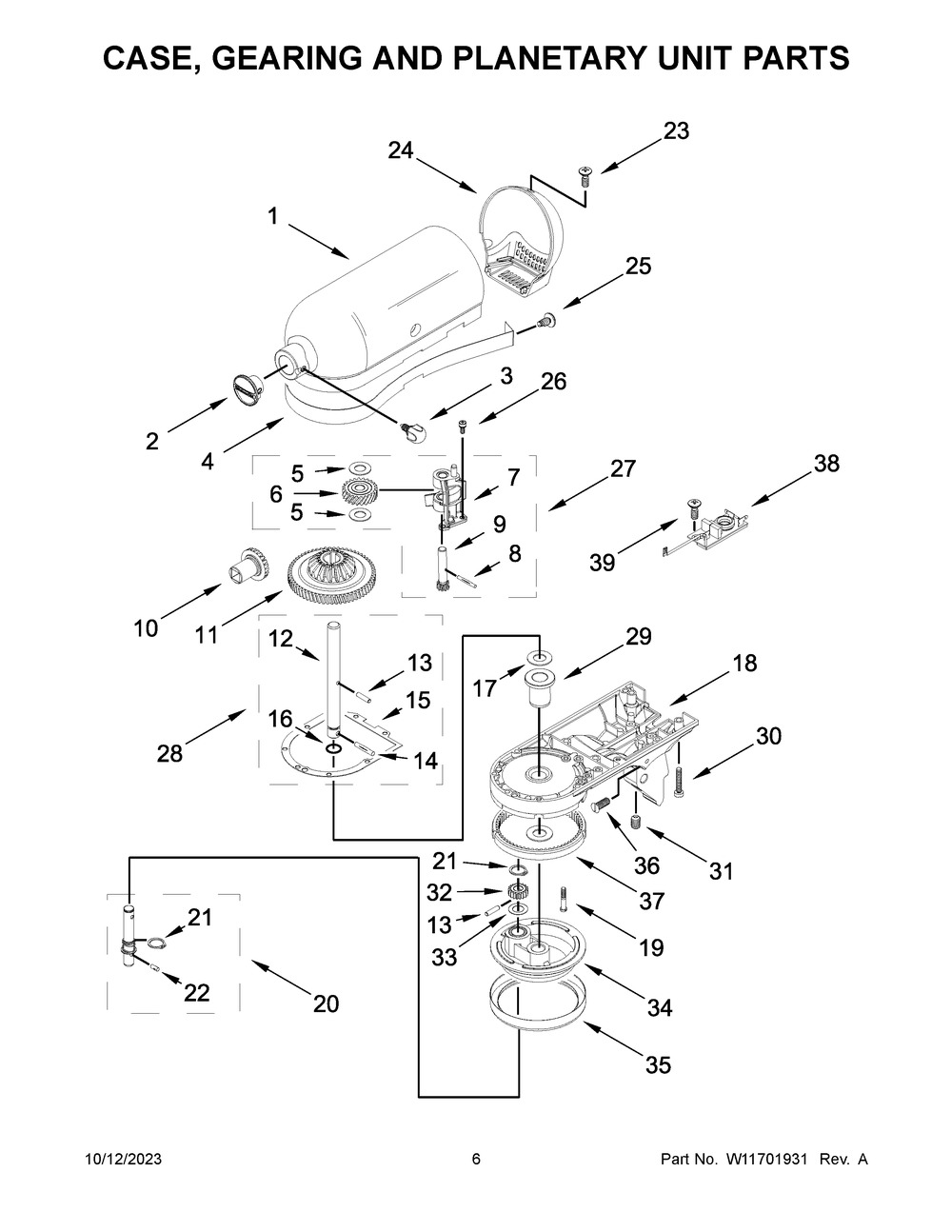 Case, Gearing And Planetary Unit Parts Diagram and Parts List for 5KSM150PSNCU5  KitchenAid Mixer