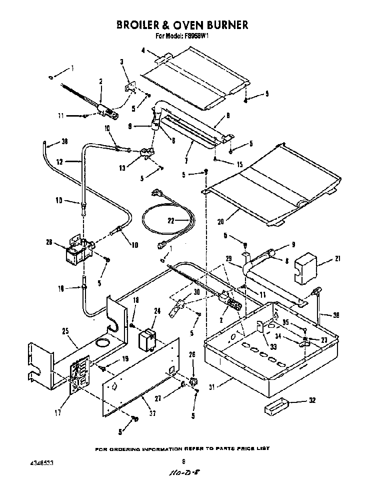 Broiler And Oven Burner Diagram and Parts List for F8958*1  Roper Range