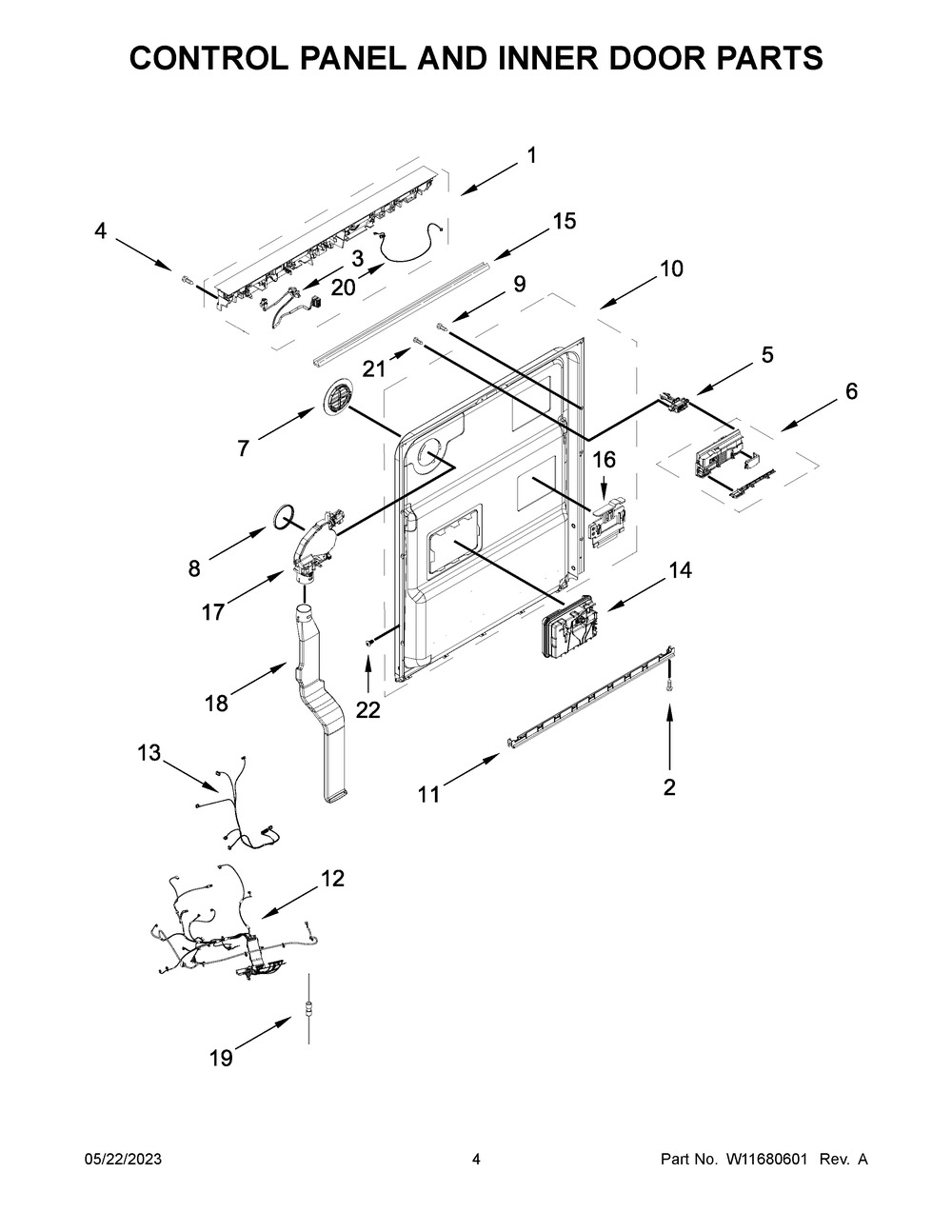 Control Panel And Inner Door Parts Diagram and Parts List for KDPM604KPS2  KitchenAid Dishwasher