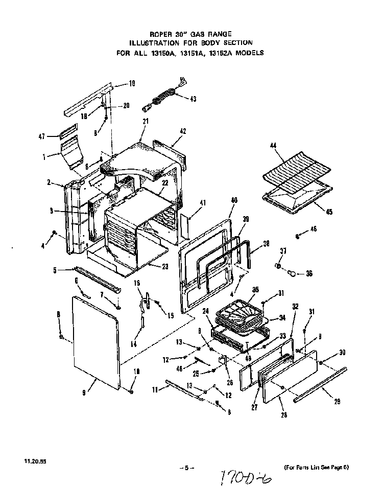 Body Diagram and Parts List for 1315*1A  Roper Range