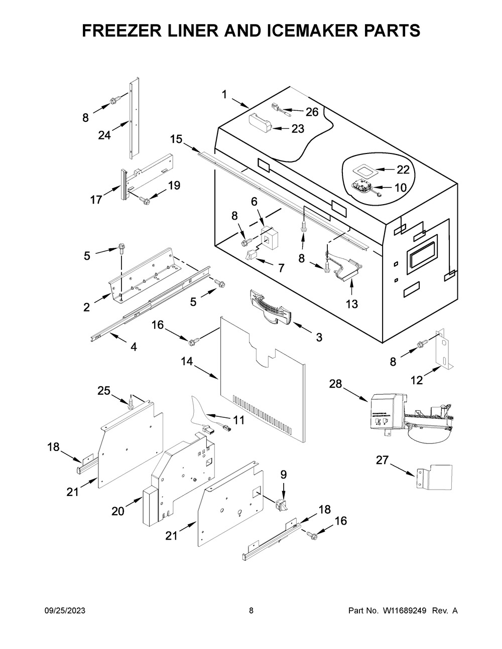 Freezer Liner And Icemaker Parts Diagram and Parts List for KBBL306ESS05  KitchenAid Refrigerator
