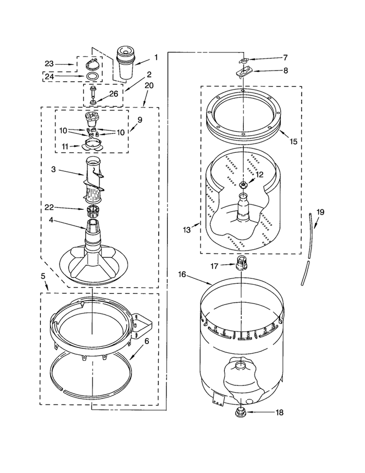 Agitator/basket/tub Diagram and Parts List for LSQ9565MQ0  Whirlpool Washer