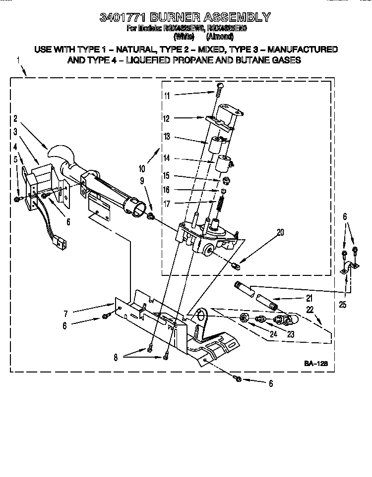 3401771 Burner Assembly Diagram and Parts List for RGX4624EN0  Roper Dryer
