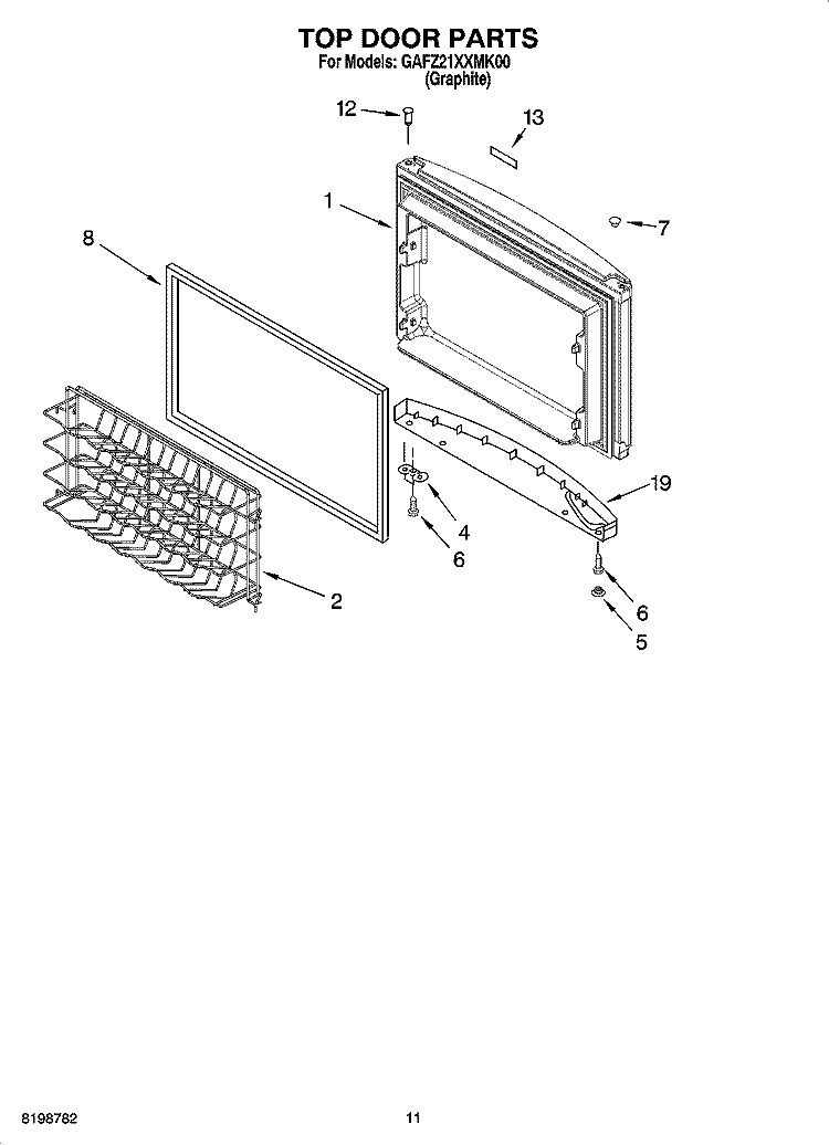 TOP DOOR PARTS, OPTIONAL PARTS Diagram and Parts List for GAFZ21XXMK00  Whirlpool Freezer