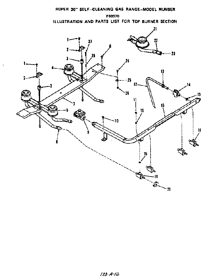 Top Burner Diagram and Parts List for F8857*0  Roper Range