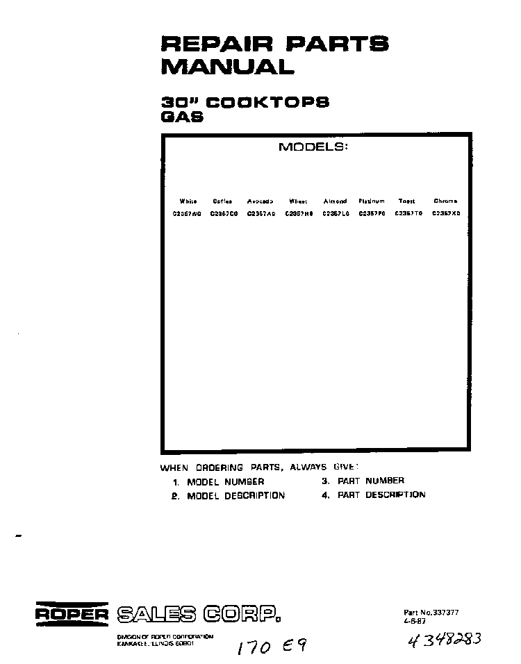 Cover Page-text Only Diagram and Parts List for C2357*0  Roper Cooktop